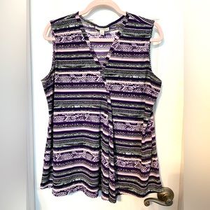 Dana Bachman size XL sleeveless blouse purple, olive and white